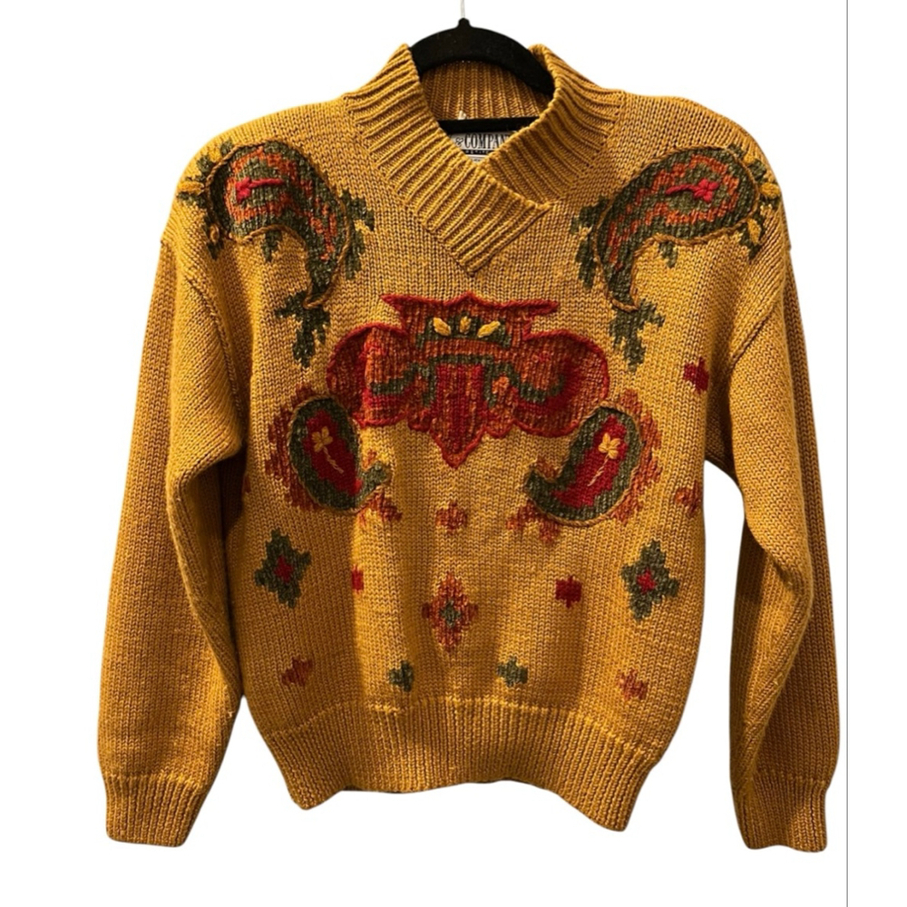 Vintage SK & Company Wool Blend Pullover Mustard Sweater Size Medium Embroidered